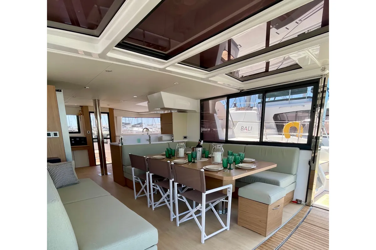 Salon of Romar IV, a Bali 4.8 catamaran at Athens, Greece