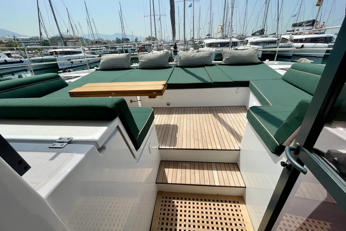 Deck of Romar IV, a Bali 4.8 catamaran at Athens, Greece