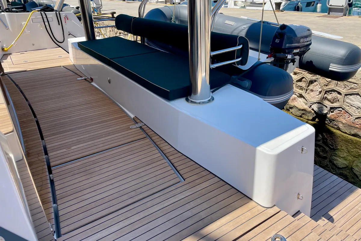 Deck of Romar IV, a Bali 4.8 catamaran at Athens, Greece