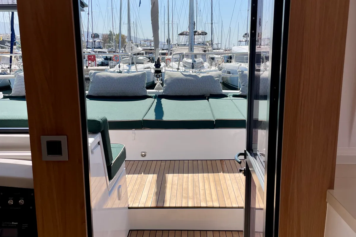 Salon of Romar IV, a Bali 4.8 catamaran at Athens, Greece