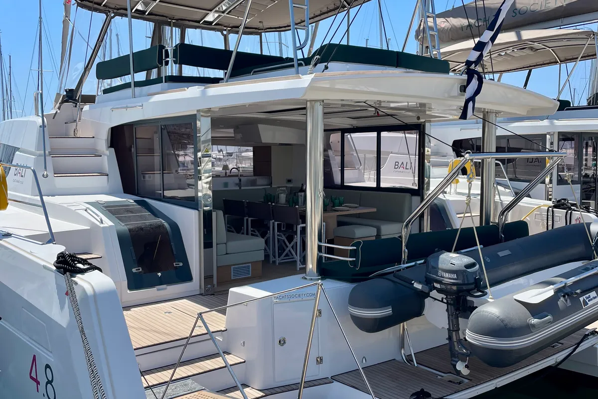 Exterior view of Romar IV, a Bali 4.8 catamaran at Athens, Greece