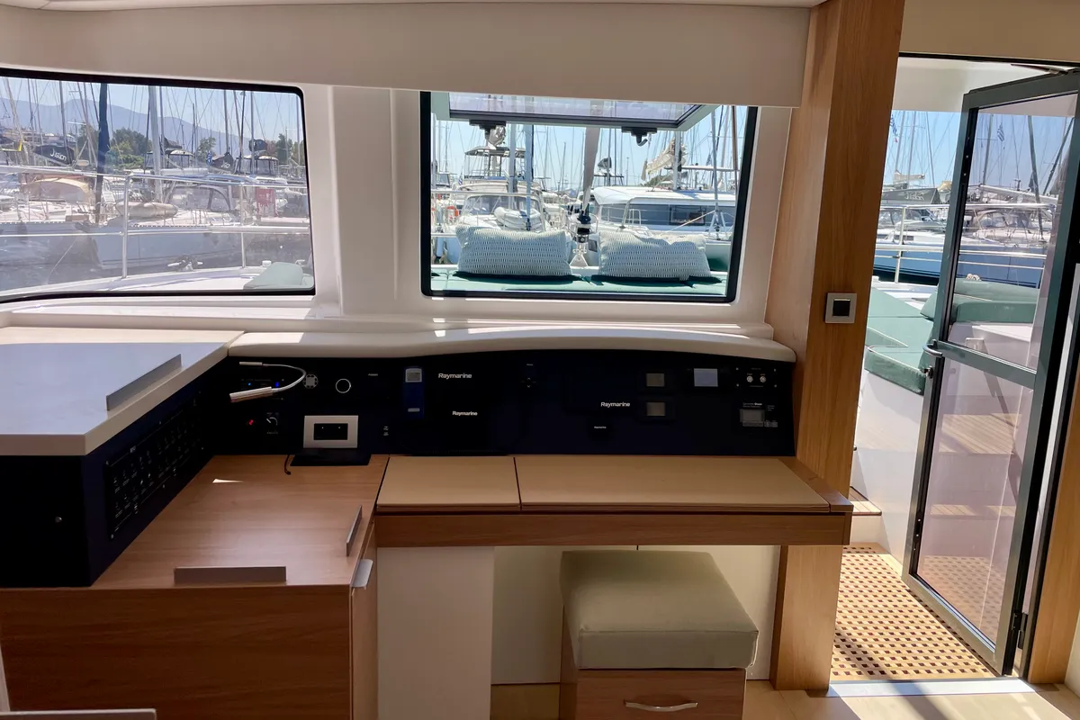 Cockpit of Romar IV, a Bali 4.8 catamaran at Athens, Greece