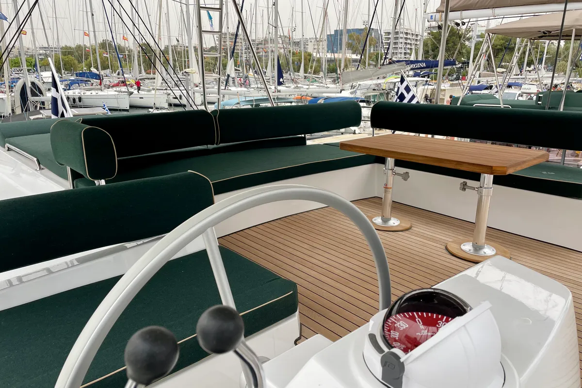 Cockpit of Romar IV, a Bali 4.8 catamaran at Athens, Greece