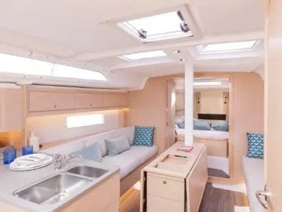 Salon of Momo, a Dufour 37 sailboat at Marmaris, Turkey