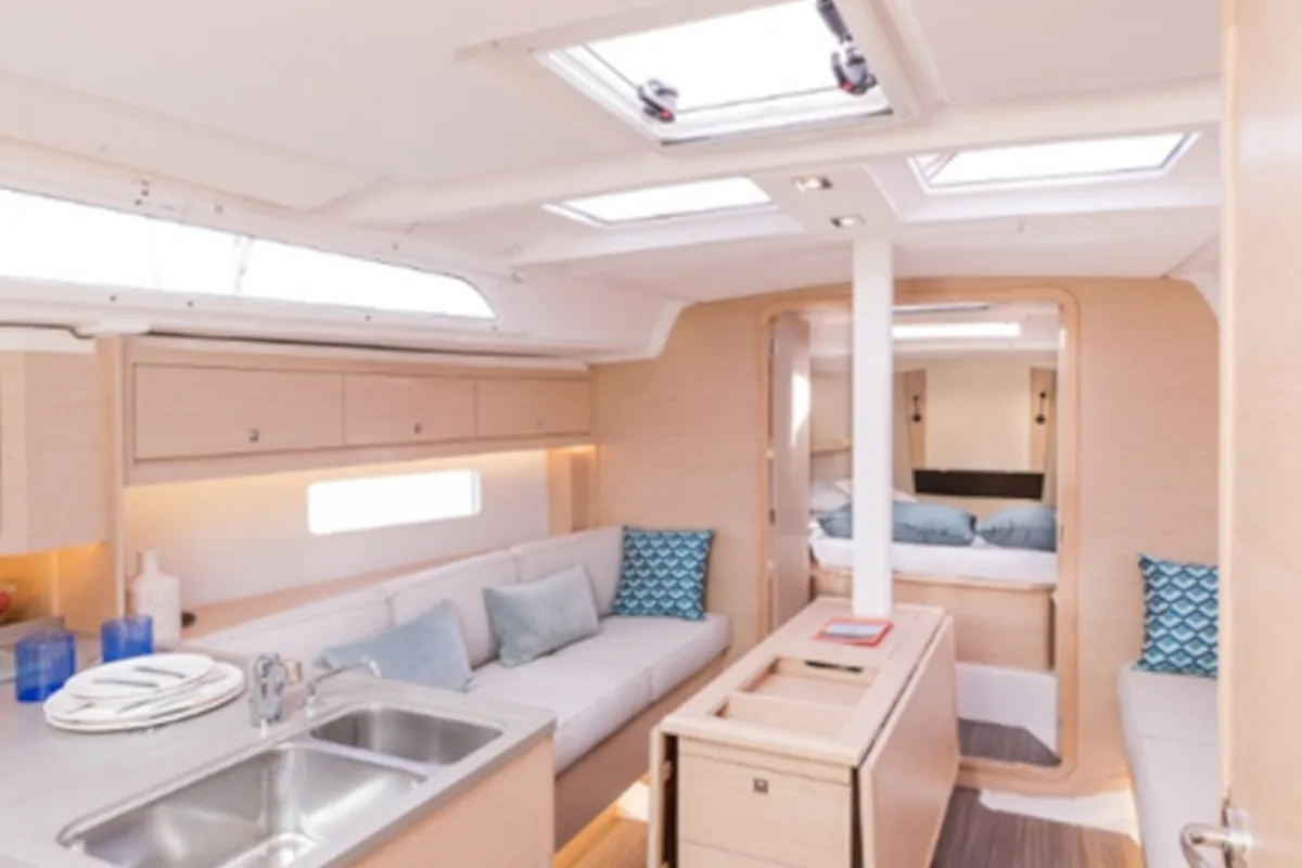 Salon of Momo, a Dufour 37 sailboat at Marmaris, Turkey