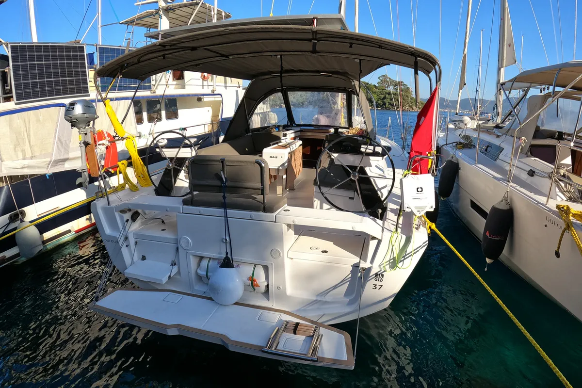 Exterior view of Momo, a Dufour 37 sailboat at Marmaris, Turkey