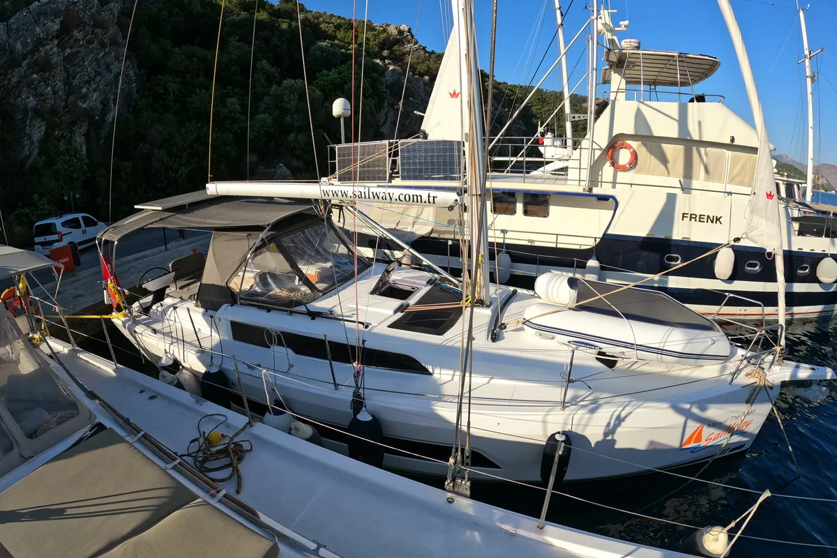 Exterior view of Momo, a Dufour 37 sailboat at Marmaris, Turkey