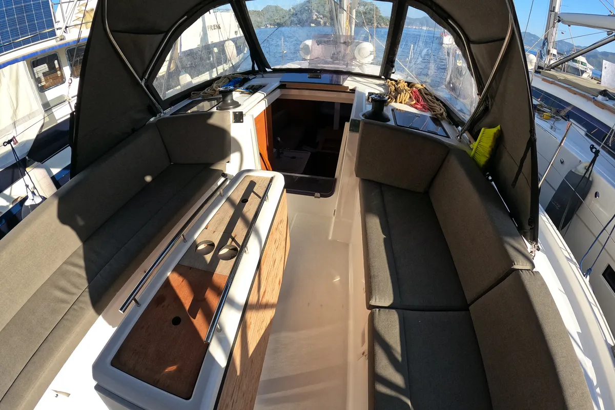 Cockpit of Momo, a Dufour 37 sailboat at Marmaris, Turkey
