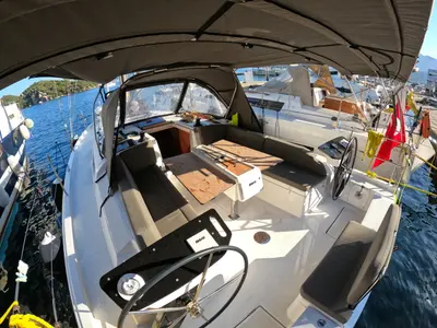 Cockpit of Momo, a Dufour 37 sailboat at Marmaris, Turkey
