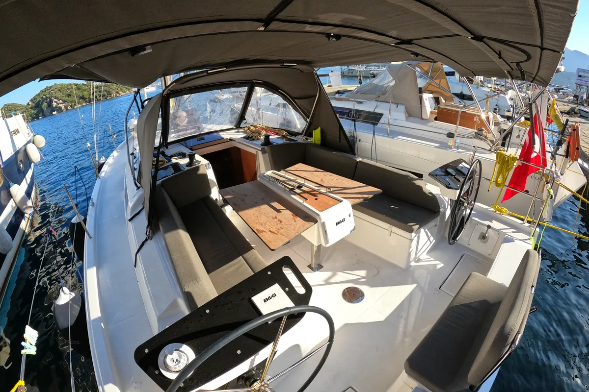 Cockpit of Momo, a Dufour 37 sailboat at Marmaris, Turkey