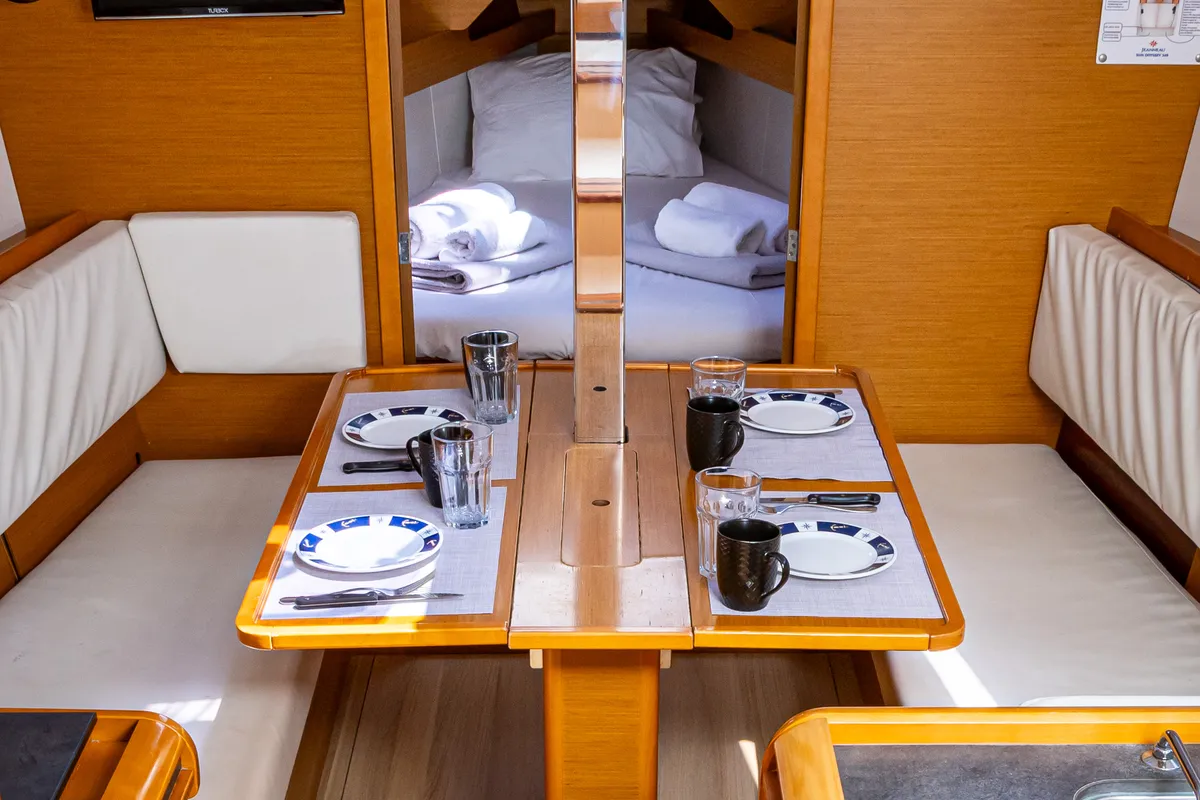 Salon of Cherie Bibi, a Jeanneau Sun Odyssey 349 sailboat at Municipal Unit of Lefkada, Greece