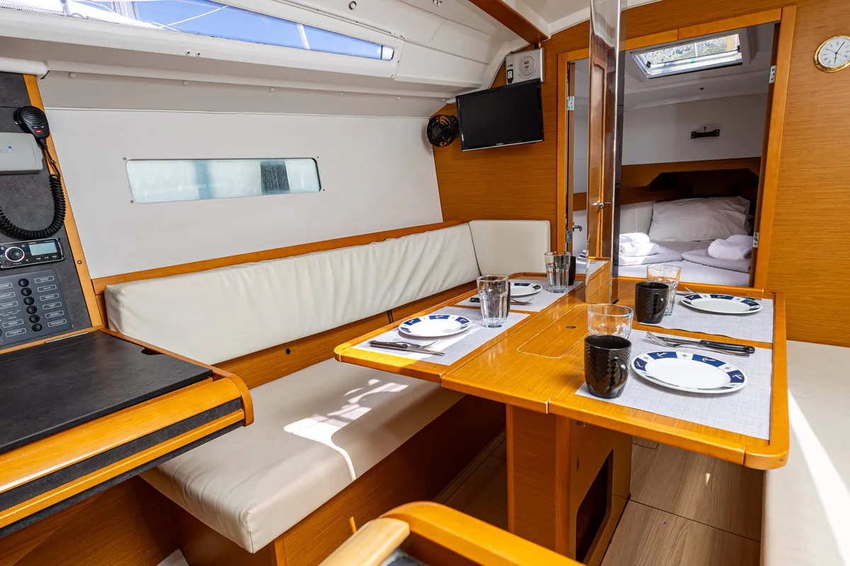 Salon of Cherie Bibi, a Jeanneau Sun Odyssey 349 sailboat at Municipal Unit of Lefkada, Greece