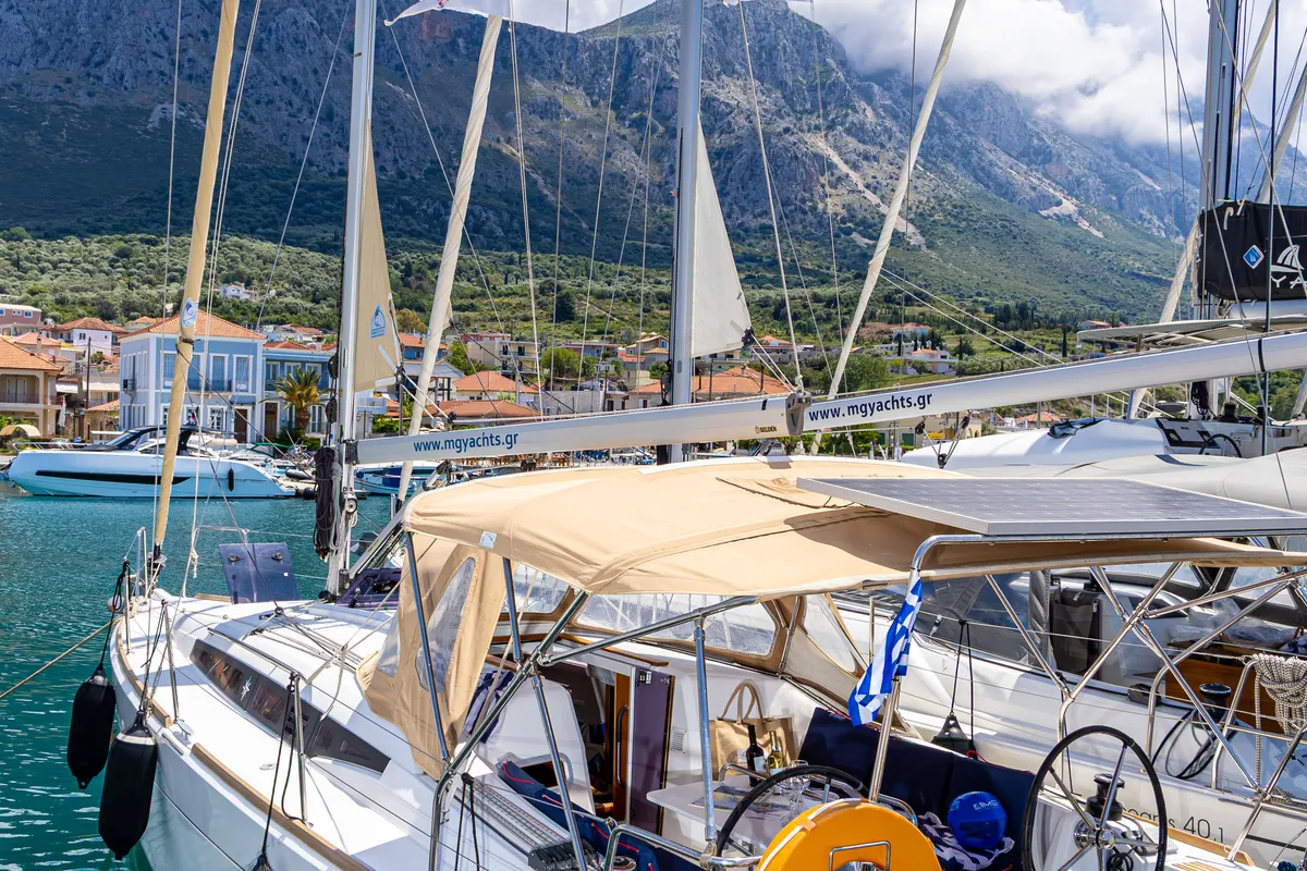 Exterior view of Cherie Bibi, a Jeanneau Sun Odyssey 349 sailboat at Municipal Unit of Lefkada, Greece