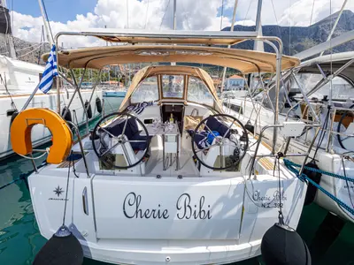 Cockpit of Cherie Bibi, a Jeanneau Sun Odyssey 349 sailboat at Municipal Unit of Lefkada, Greece