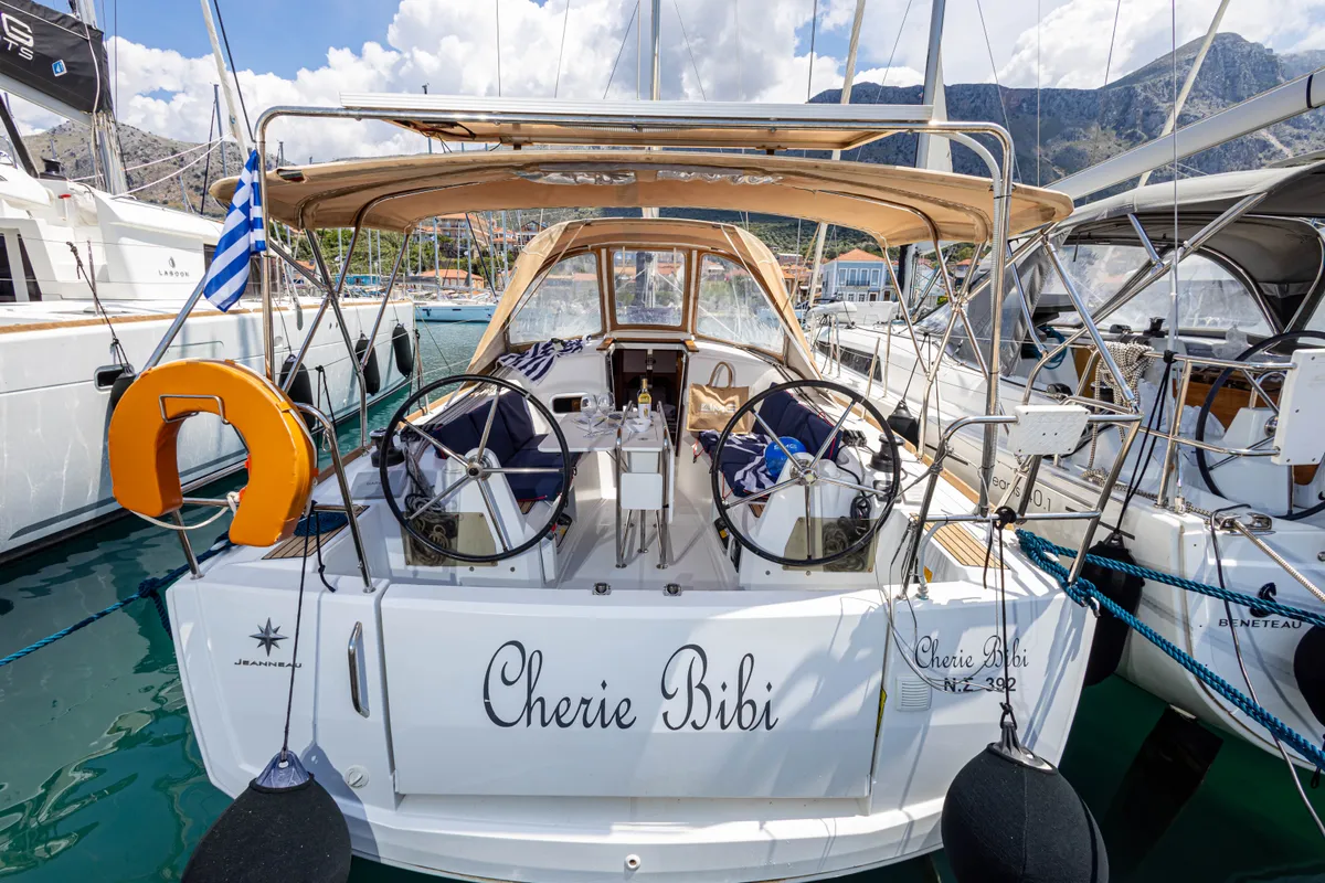 Cockpit of Cherie Bibi, a Jeanneau Sun Odyssey 349 sailboat at Municipal Unit of Lefkada, Greece