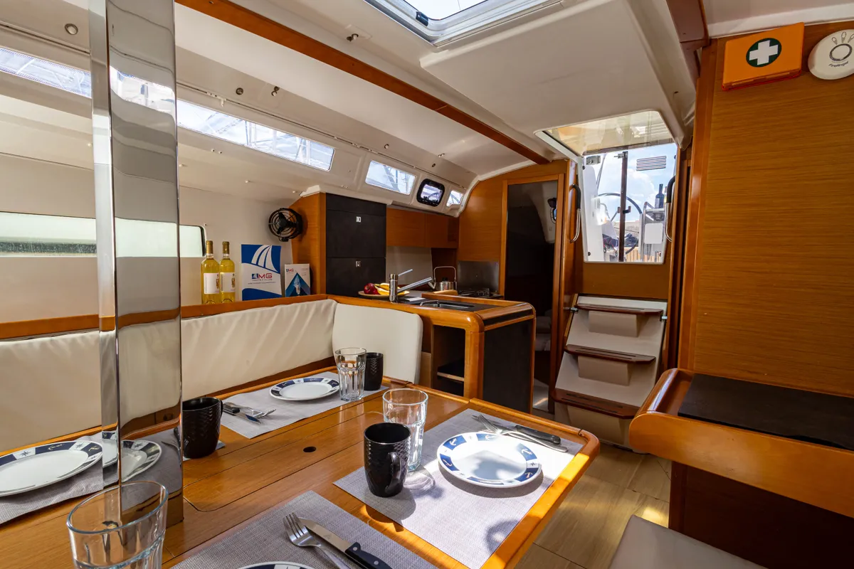 Salon of Cherie Bibi, a Jeanneau Sun Odyssey 349 sailboat at Municipal Unit of Lefkada, Greece