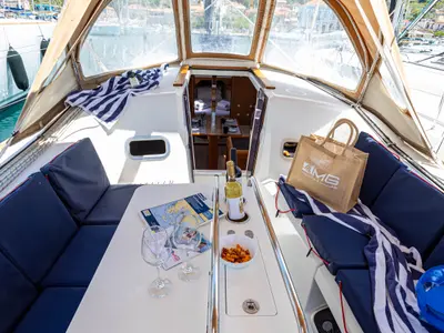 Deck of Cherie Bibi, a Jeanneau Sun Odyssey 349 sailboat at Municipal Unit of Lefkada, Greece