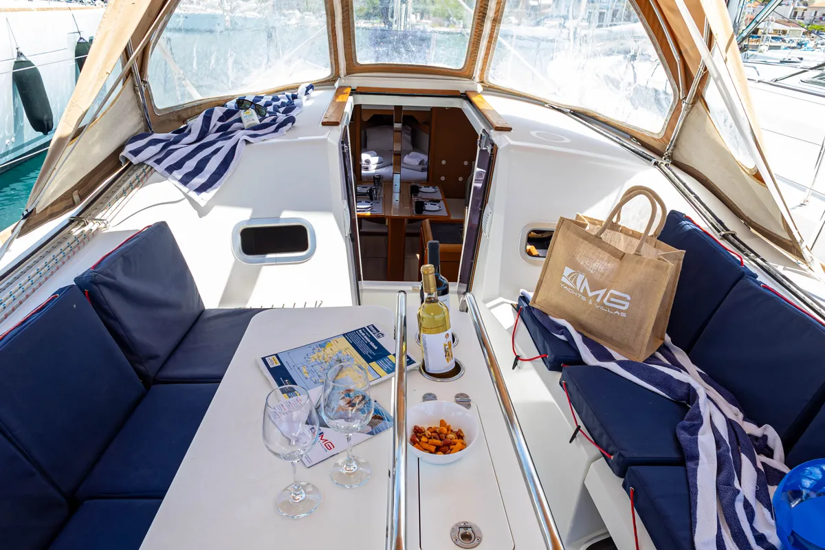 Deck of Cherie Bibi, a Jeanneau Sun Odyssey 349 sailboat at Municipal Unit of Lefkada, Greece