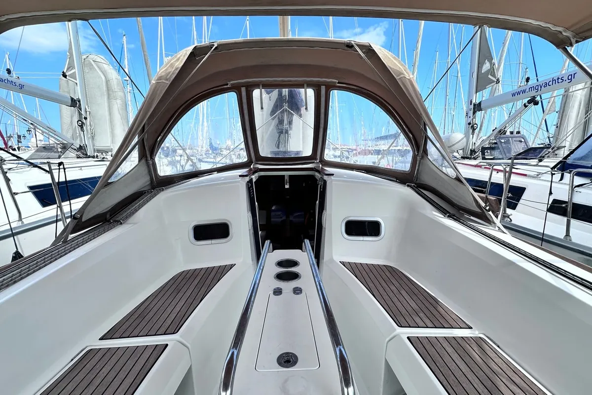 Cockpit of Cherie Bibi, a Jeanneau Sun Odyssey 349 sailboat at Municipal Unit of Lefkada, Greece
