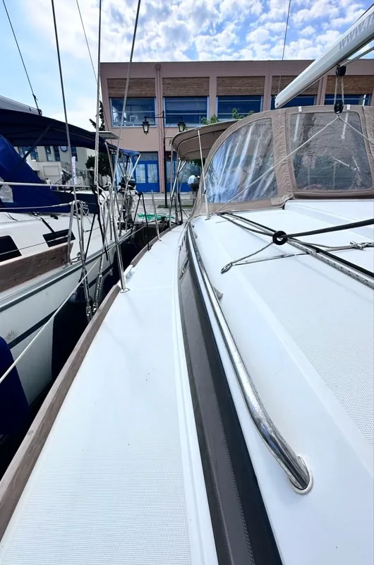 Deck of Cherie Bibi, a Jeanneau Sun Odyssey 349 sailboat at Municipal Unit of Lefkada, Greece