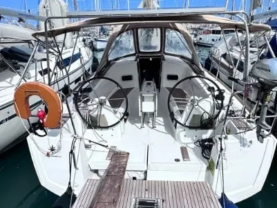 Cockpit of Cherie Bibi, a Jeanneau Sun Odyssey 349 sailboat at Municipal Unit of Lefkada, Greece