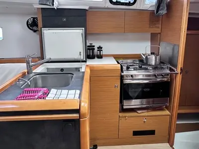 Galley of Cherie Bibi, a Jeanneau Sun Odyssey 349 sailboat at Municipal Unit of Lefkada, Greece