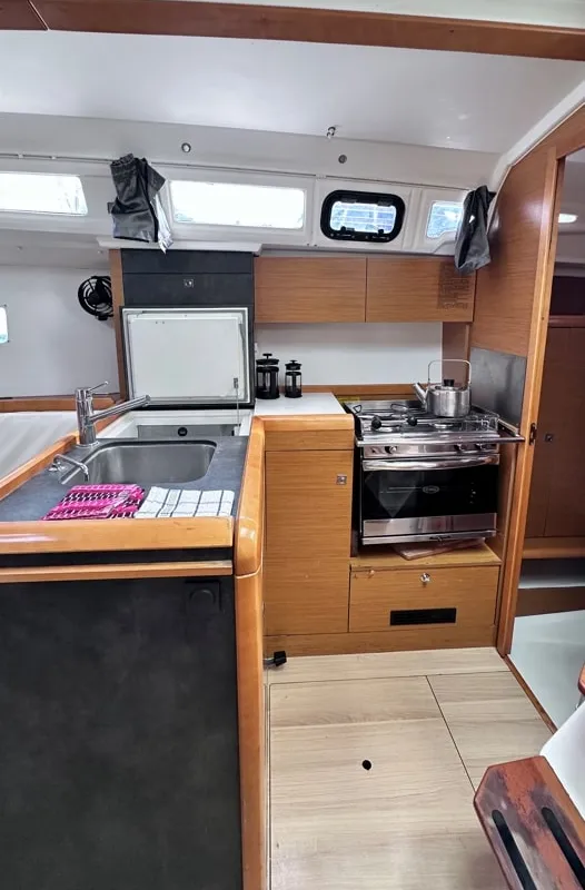 Galley of Cherie Bibi, a Jeanneau Sun Odyssey 349 sailboat at Municipal Unit of Lefkada, Greece