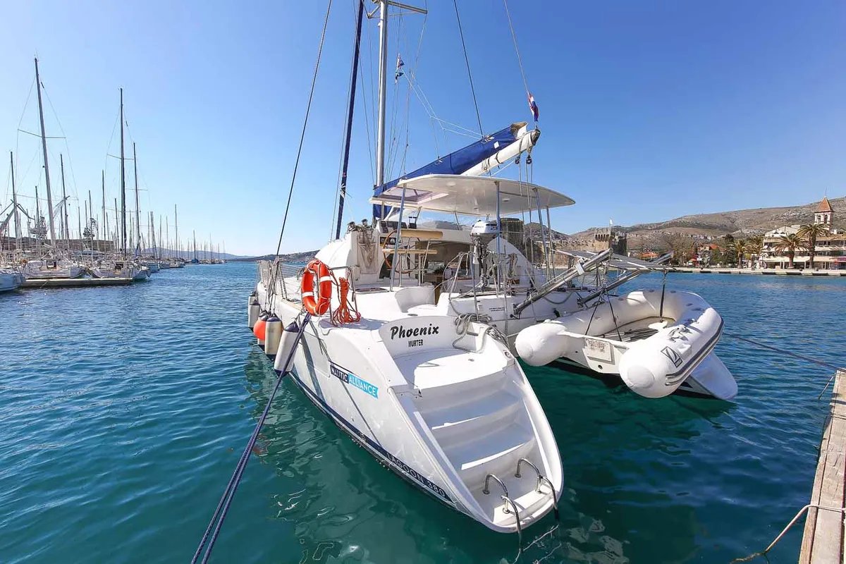 Exterior view of Phoenix, a Lagoon 380 S2 catamaran at Zadar, Croatia