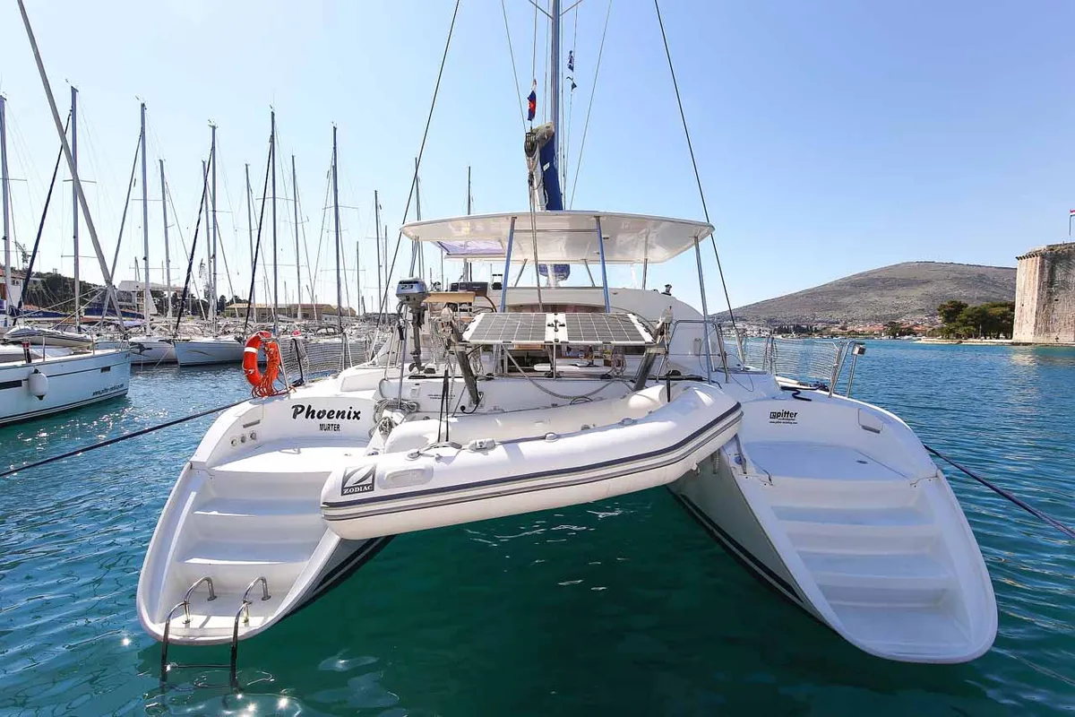 Exterior view of Phoenix, a Lagoon 380 S2 catamaran at Zadar, Croatia
