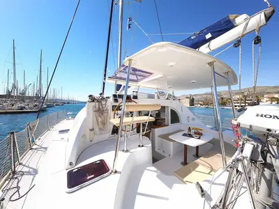 Deck of Phoenix, a Lagoon 380 S2 catamaran at Zadar, Croatia