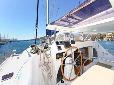 Cockpit of Phoenix, a Lagoon 380 S2 catamaran at Zadar, Croatia