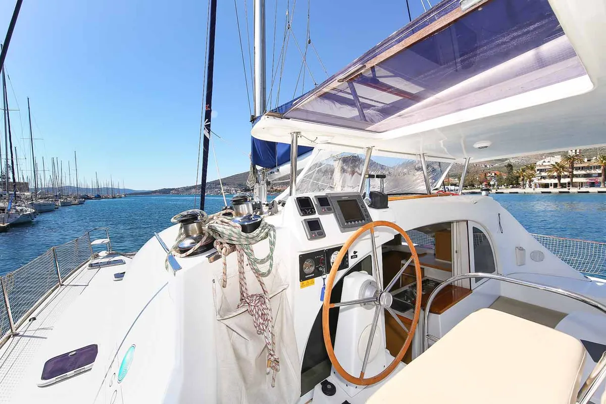 Cockpit of Phoenix, a Lagoon 380 S2 catamaran at Zadar, Croatia