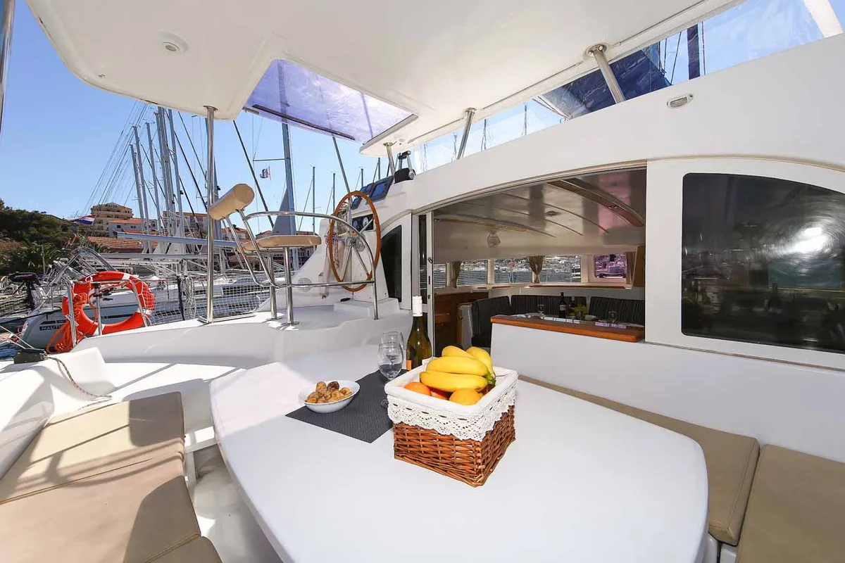 Deck of Phoenix, a Lagoon 380 S2 catamaran at Zadar, Croatia