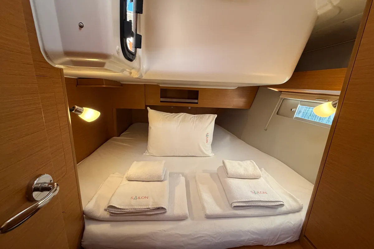 Cabin on Joy 5, a Dufour 390 sailboat at Marmaris, Turkey