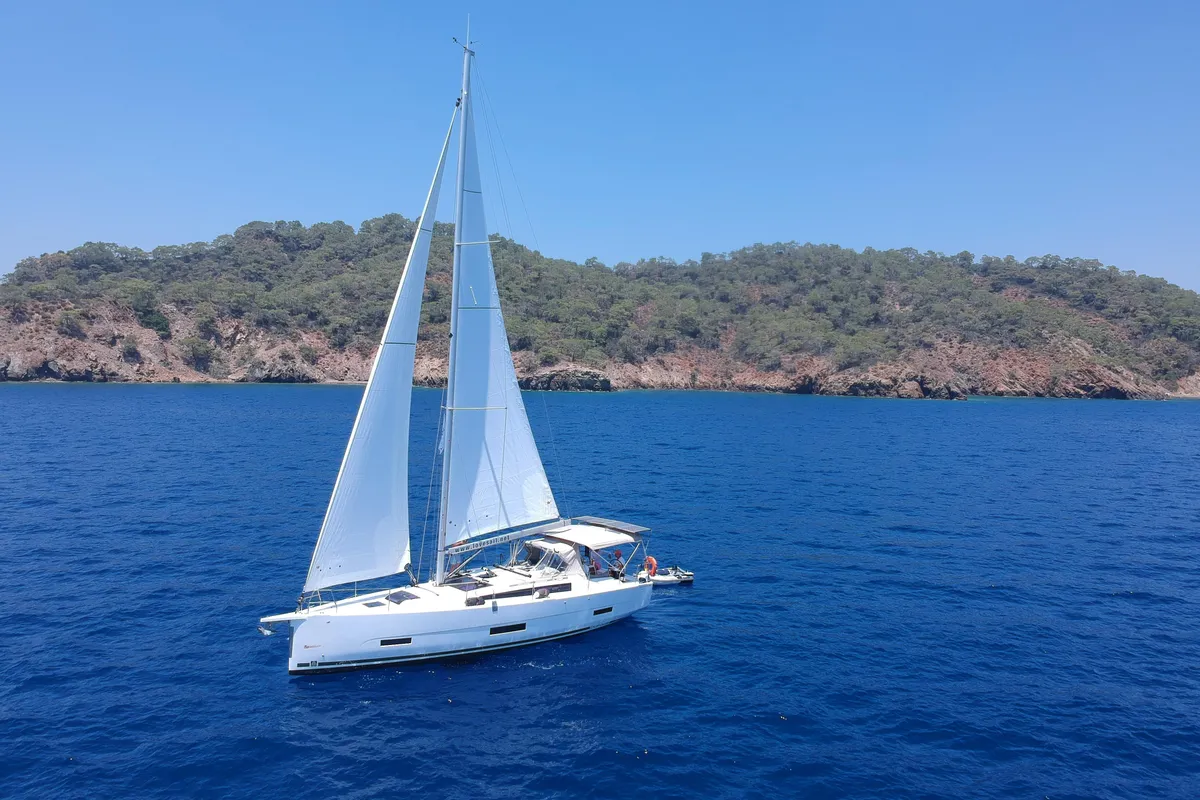 Exterior view of Joy 5, a Dufour 390 sailboat at Marmaris, Turkey