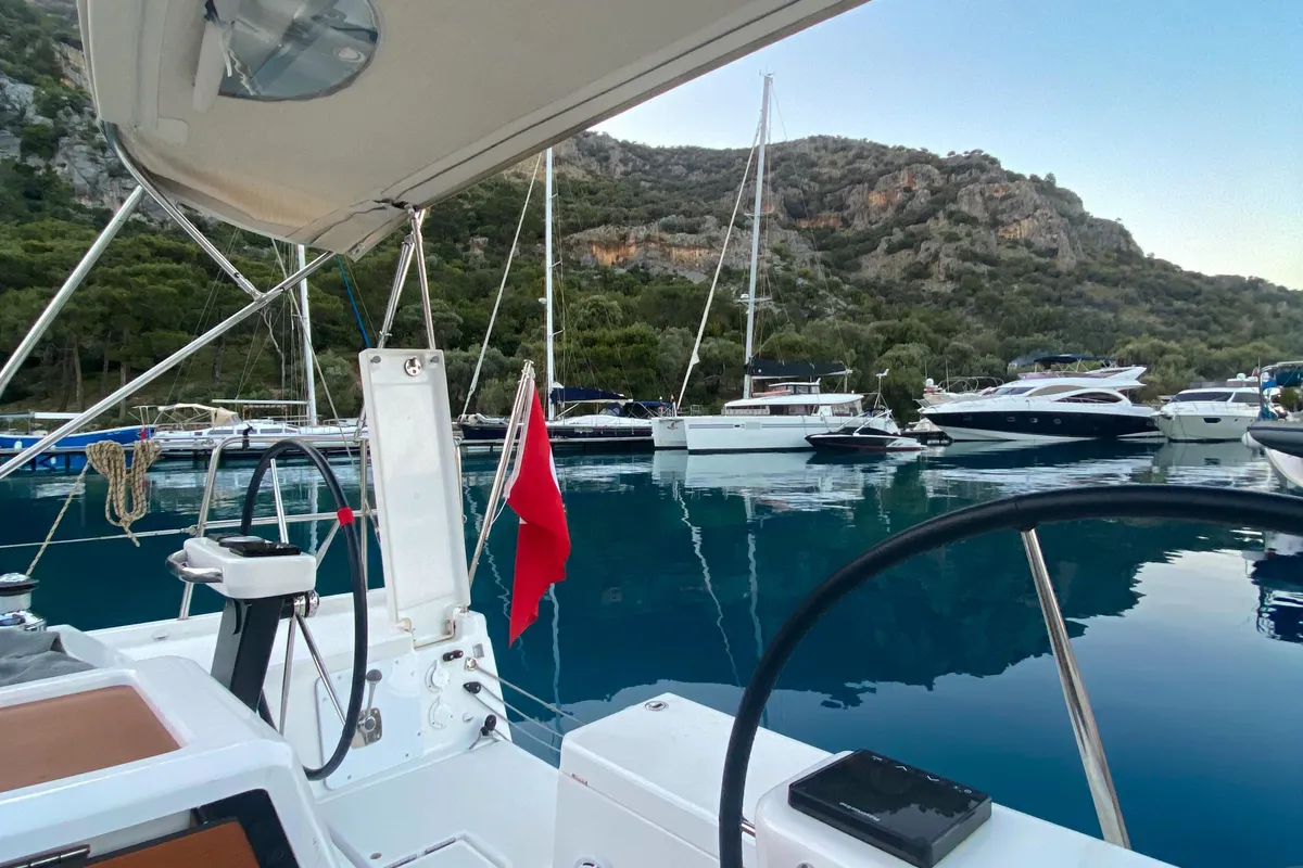 Cockpit of Joy 5, a Dufour 390 sailboat at Marmaris, Turkey