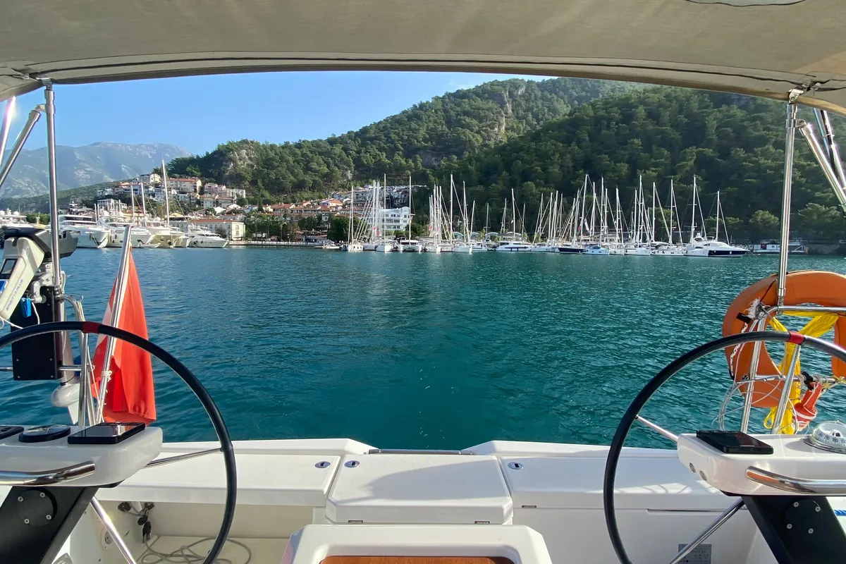 Cockpit of Joy 5, a Dufour 390 sailboat at Marmaris, Turkey