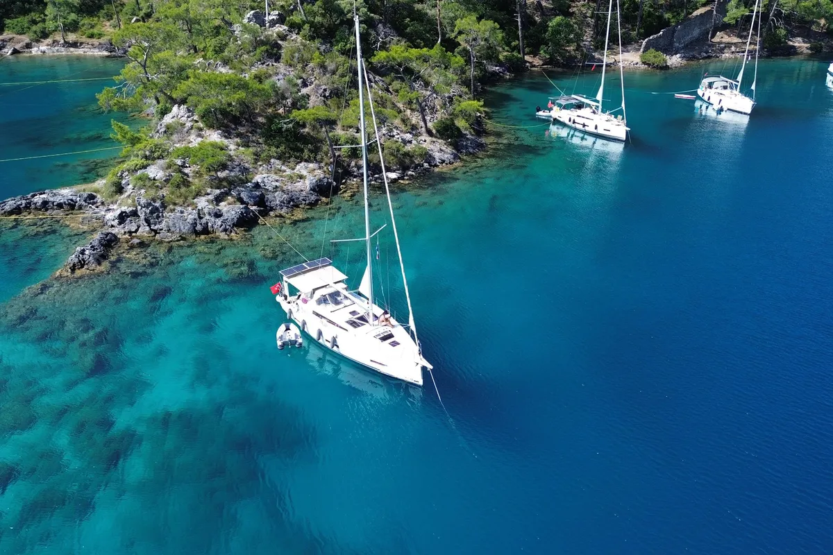 Exterior view of Joy 5, a Dufour 390 sailboat at Marmaris, Turkey