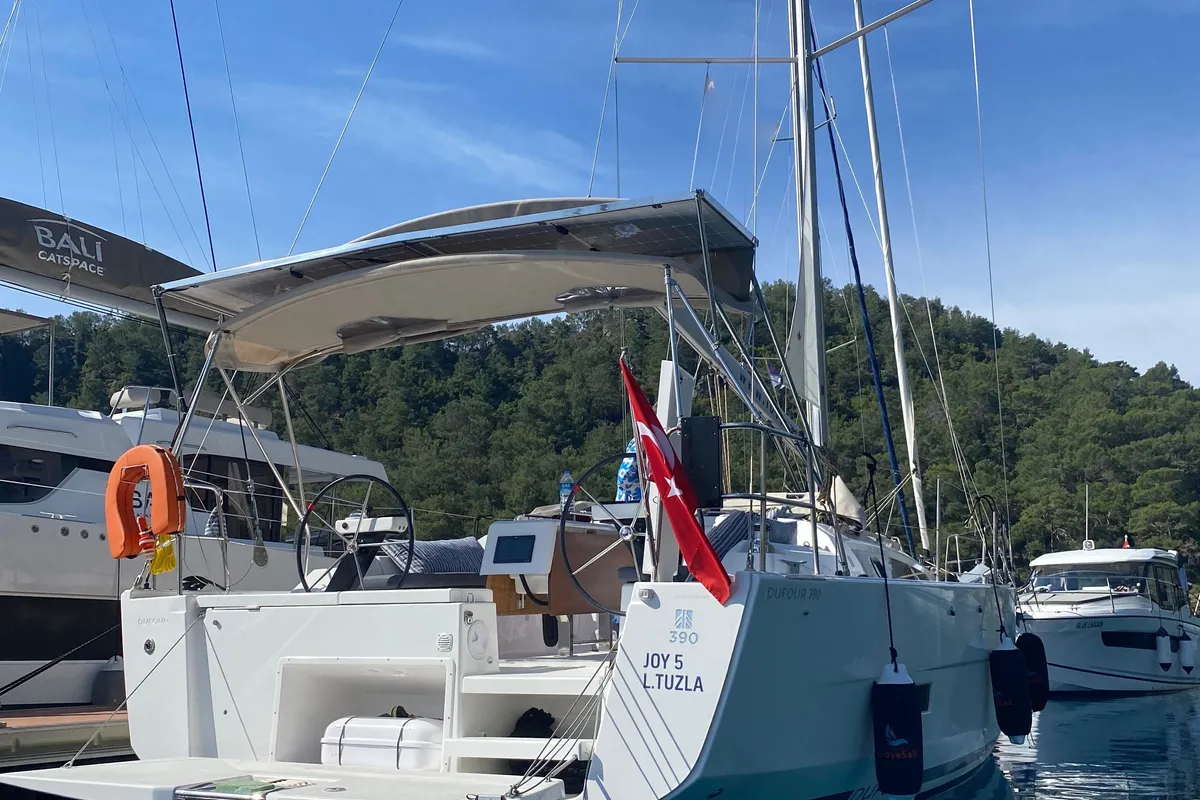 Exterior view of Joy 5, a Dufour 390 sailboat at Marmaris, Turkey