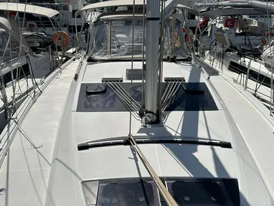 Deck of Joy 5, a Dufour 390 sailboat at Marmaris, Turkey