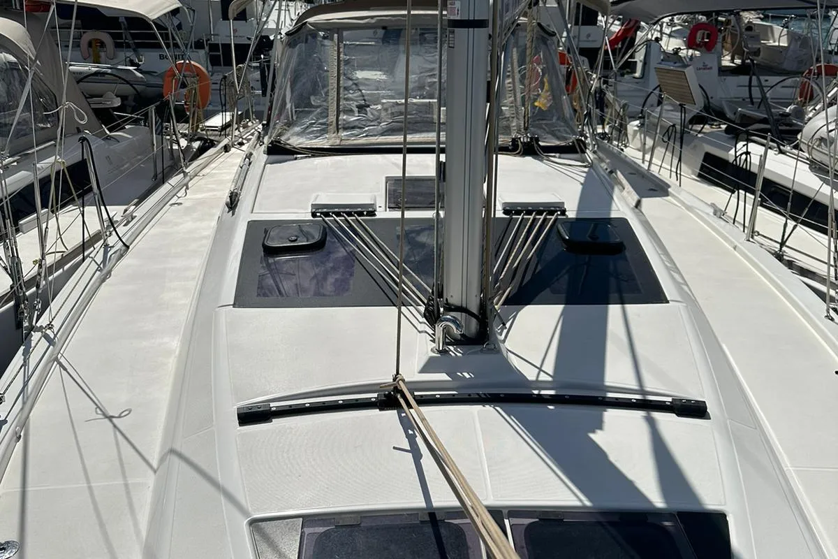 Deck of Joy 5, a Dufour 390 sailboat at Marmaris, Turkey
