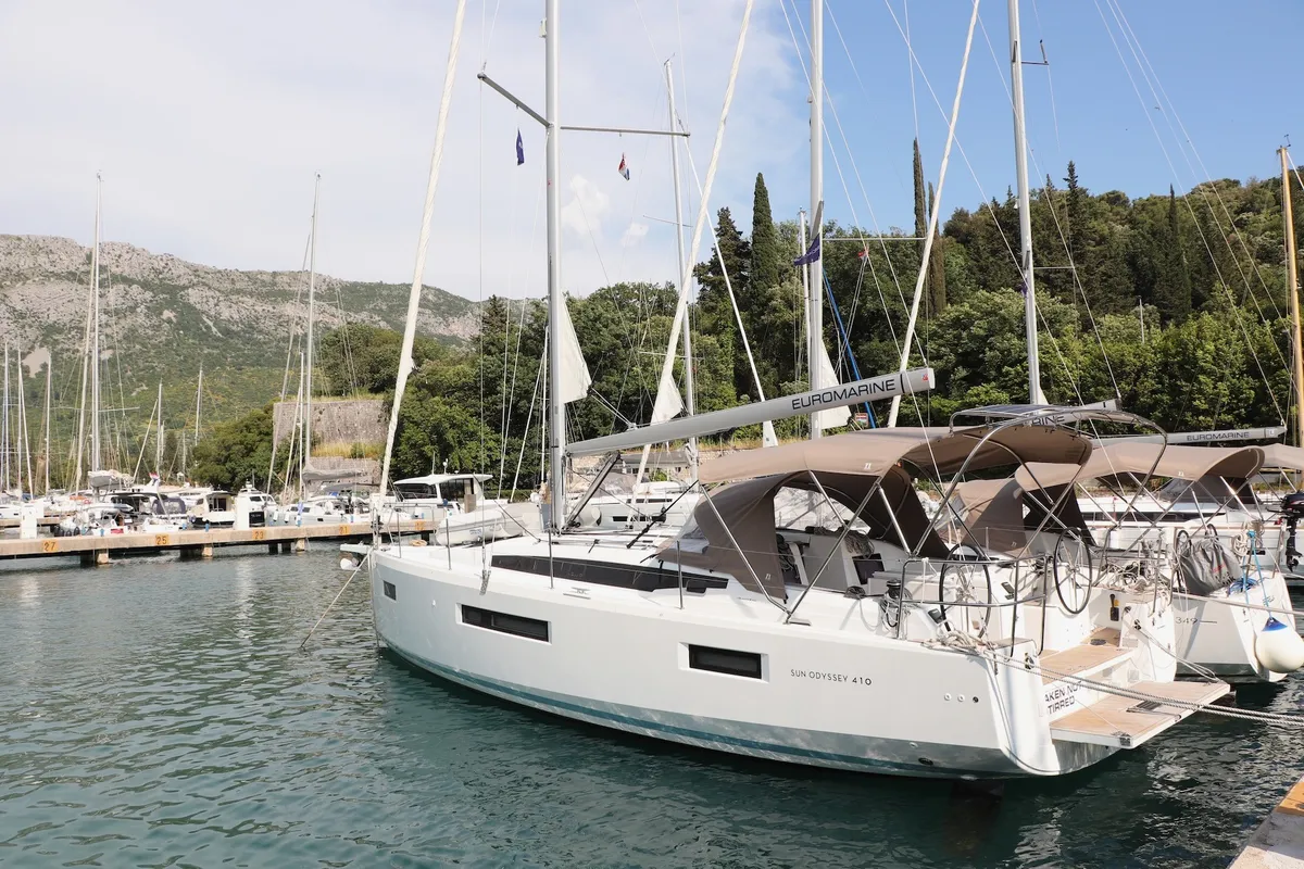 Shaken Not Stirred, a Jeanneau Sun Odyssey 410 sailboat at Dubrovnik, Croatia