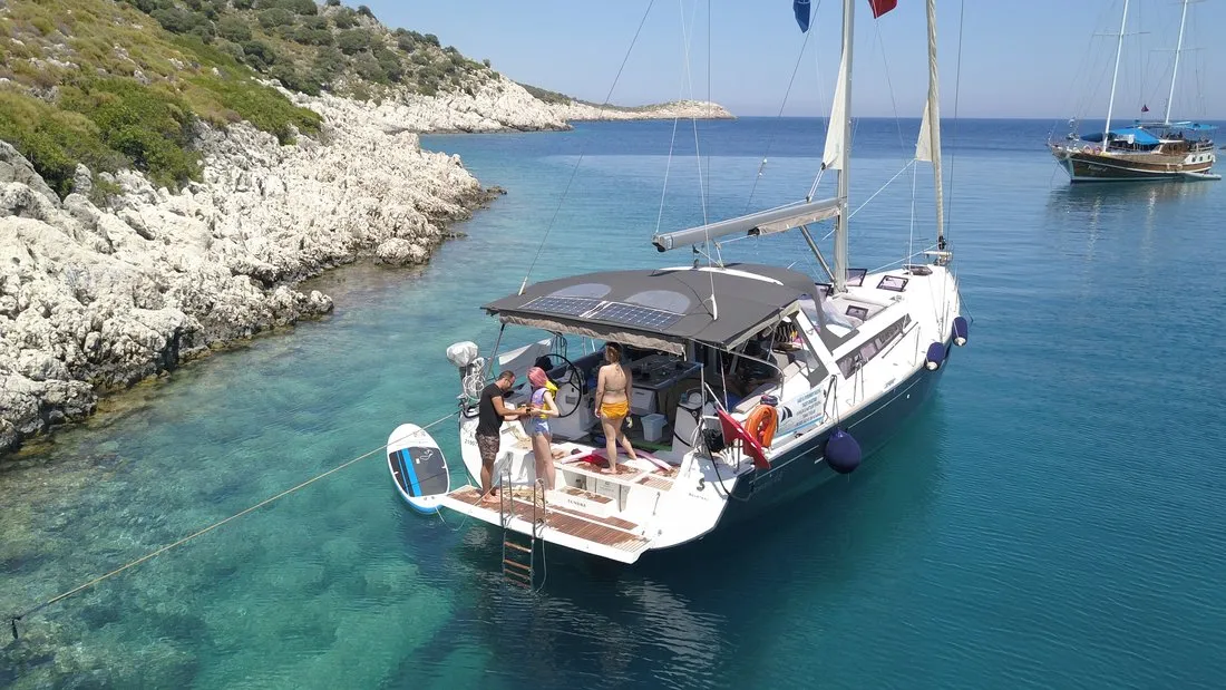 Exterior view of Tundra, a Beneteau Oceanis 48 sailboat at Kaş, Turkey