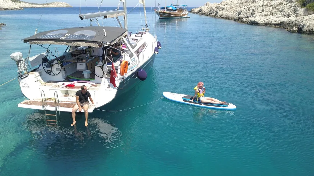 Exterior view of Tundra, a Beneteau Oceanis 48 sailboat at Kaş, Turkey