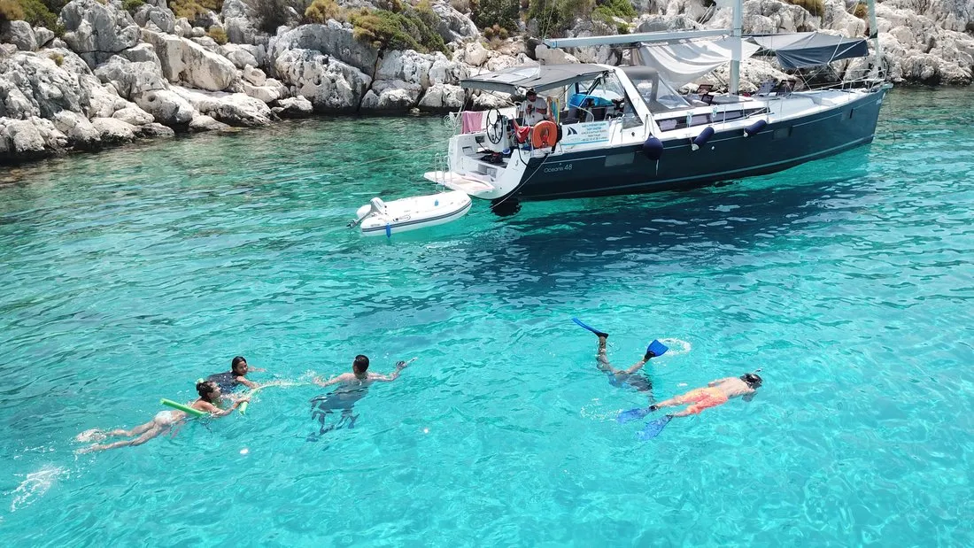 Deck of Tundra, a Beneteau Oceanis 48 sailboat at Kaş, Turkey