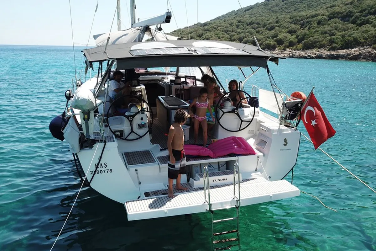 Deck of Tundra, a Beneteau Oceanis 48 sailboat at Kaş, Turkey