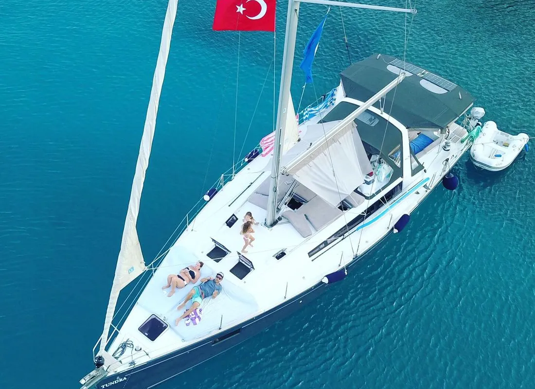 Exterior view of Tundra, a Beneteau Oceanis 48 sailboat at Kaş, Turkey