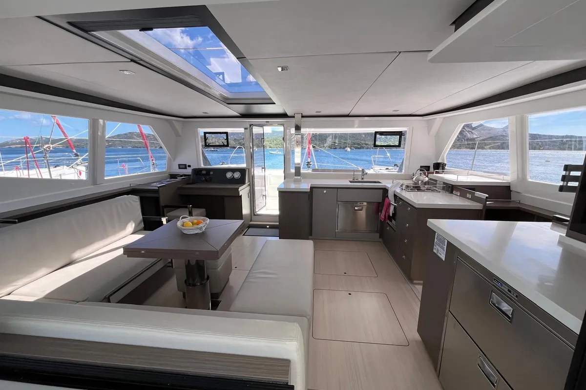 Salon of Chrispy 2, a Leopard 45 catamaran at Cannigione, Italy