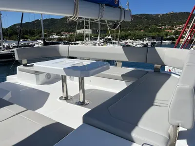 Deck of Chrispy 2, a Leopard 45 catamaran at Cannigione, Italy