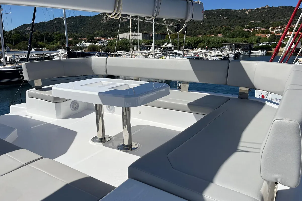 Deck of Chrispy 2, a Leopard 45 catamaran at Cannigione, Italy